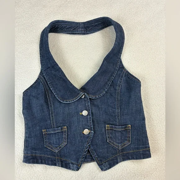 Y2K Forever 21 Denim Halter Crop Top Vest Size Small - Picture 1 of 11